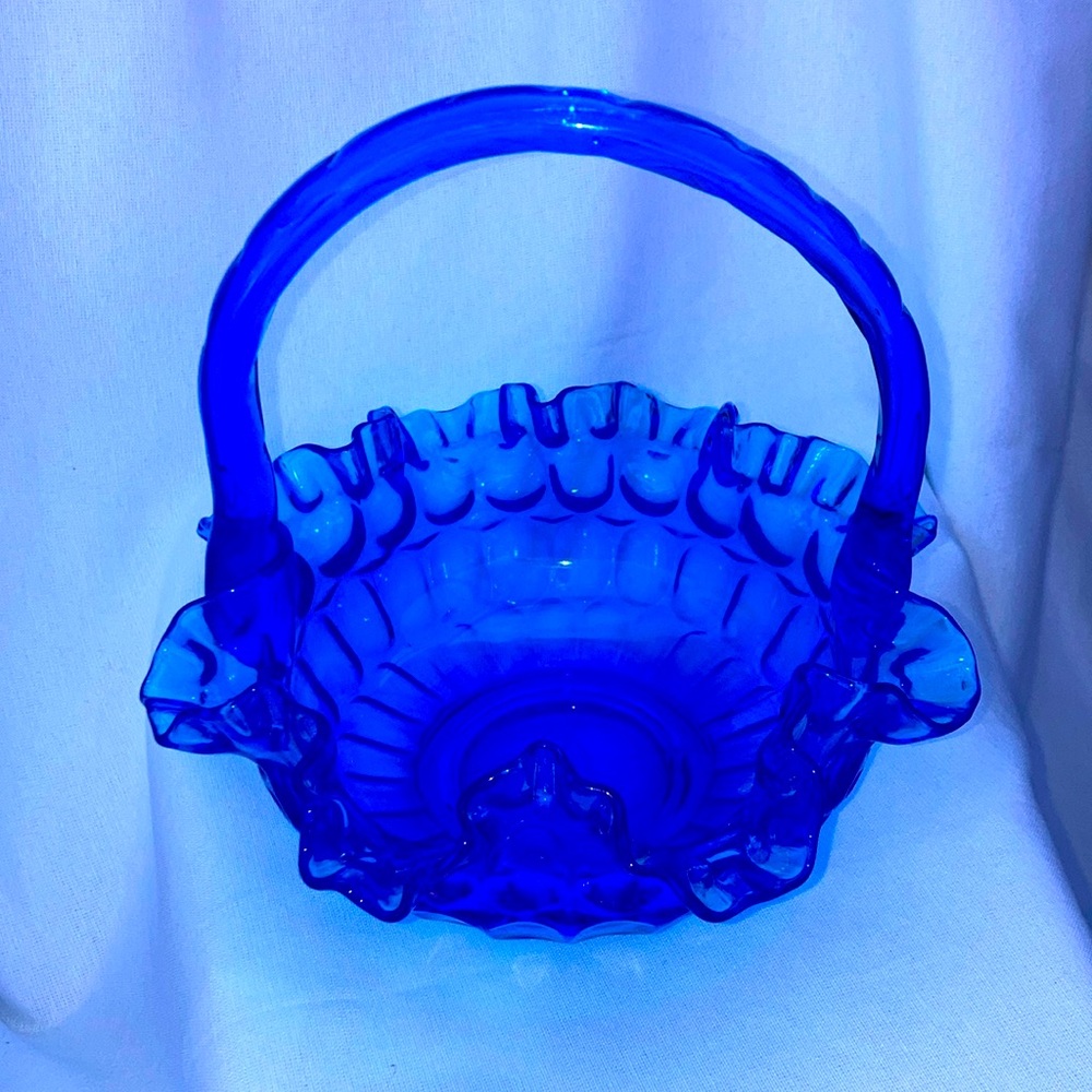 Fenton cobalt basket with ruffled edges and thumbprint indent design